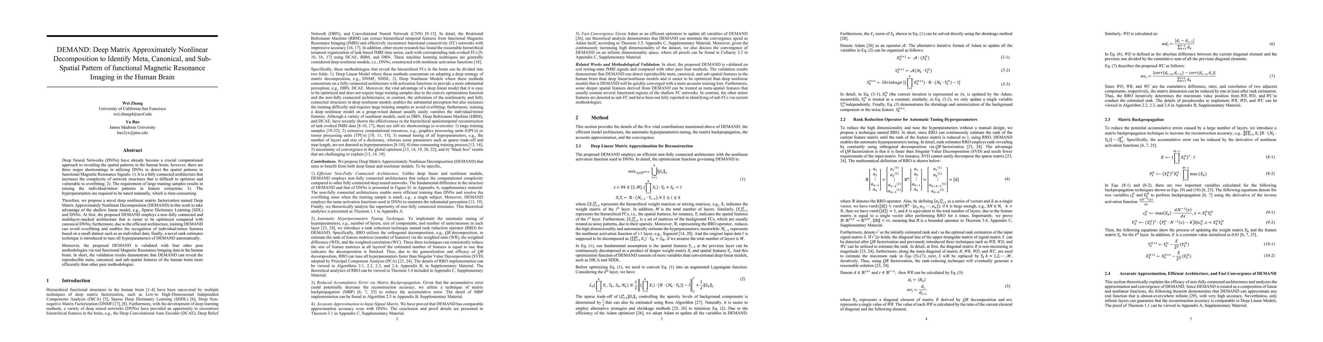 Thumbnail for DEMAND: Deep Matrix Approximately Nonlinear Decomposition to Identify
  Meta, Canonical, and Sub-Spatial Pattern of functional Magnetic Resonance
  Imaging in the Human Brain