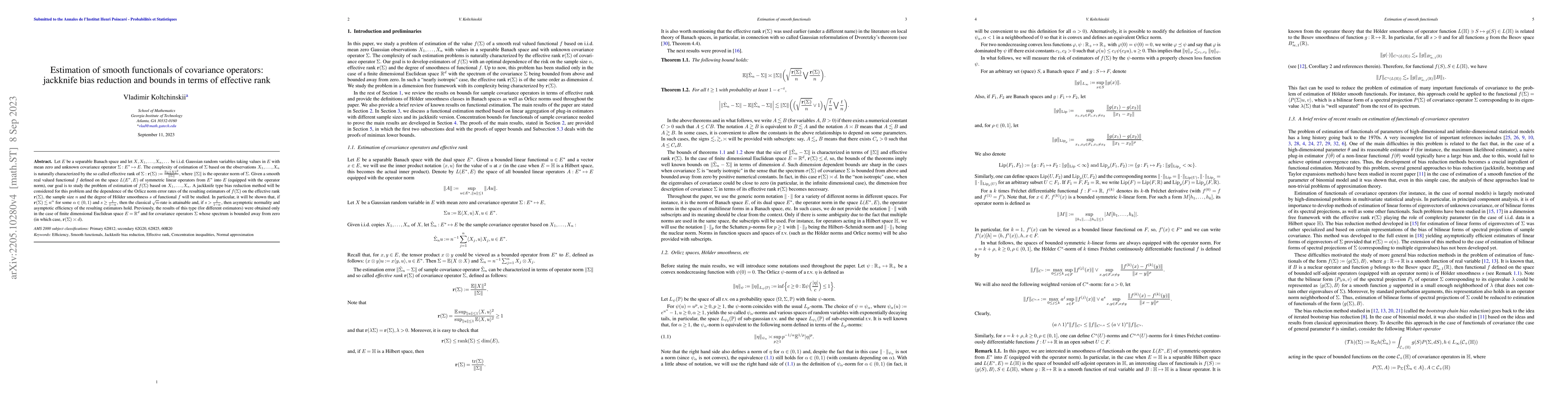 Thumbnail for Estimation of smooth functionals of covariance operators: jackknife bias
  reduction and bounds in terms of effective rank