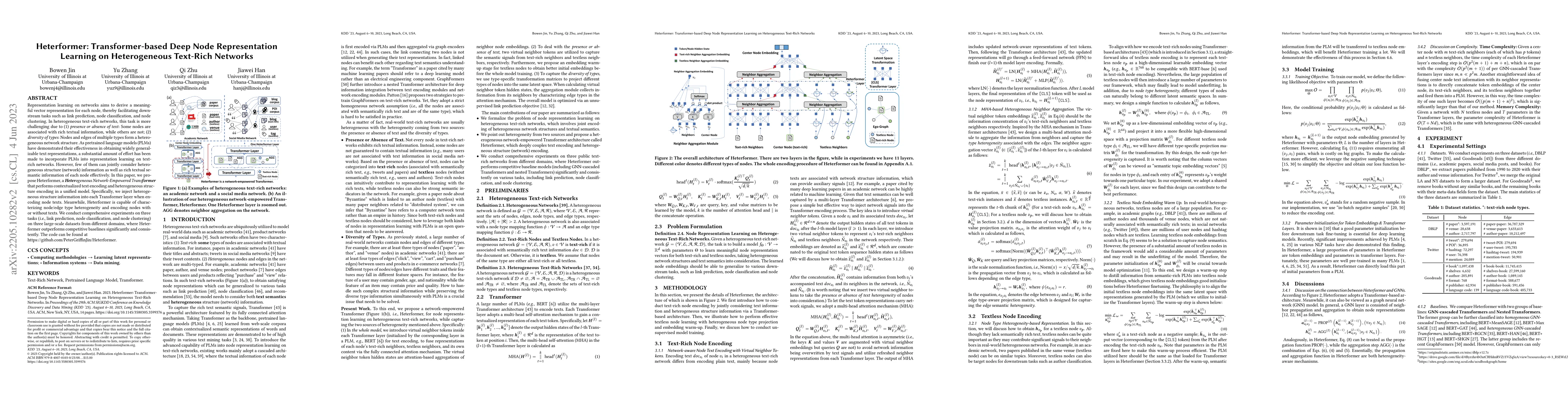 Thumbnail for Heterformer: Transformer-based Deep Node Representation Learning on
  Heterogeneous Text-Rich Networks