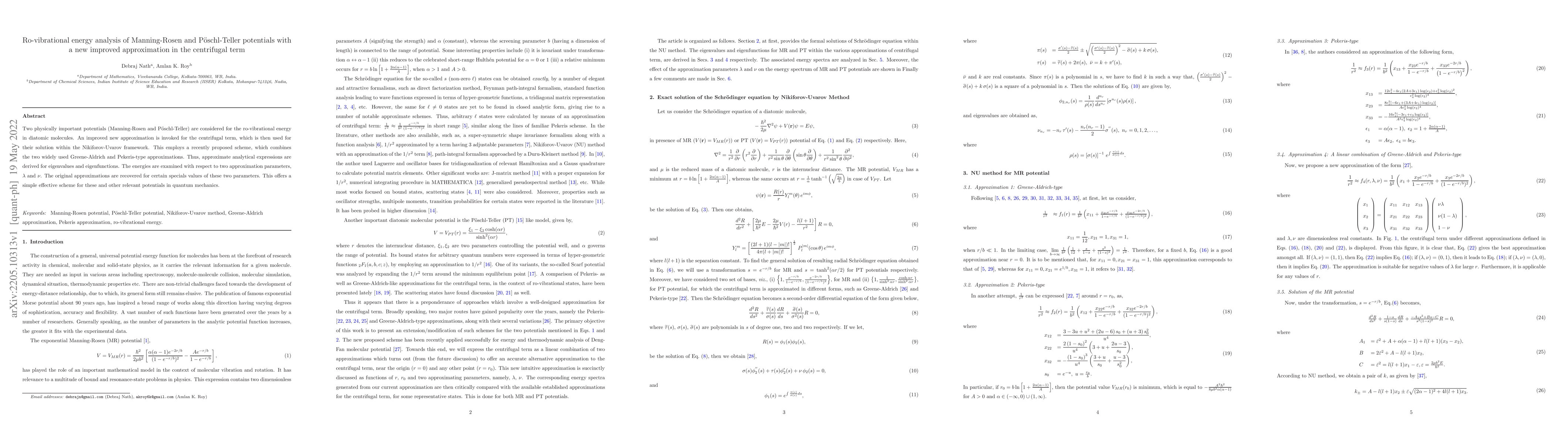 Thumbnail for Ro-vibrational energy analysis of Manning-Rosen and P\"oschl-Teller
  potentials with a new improved approximation in the centrifugal term