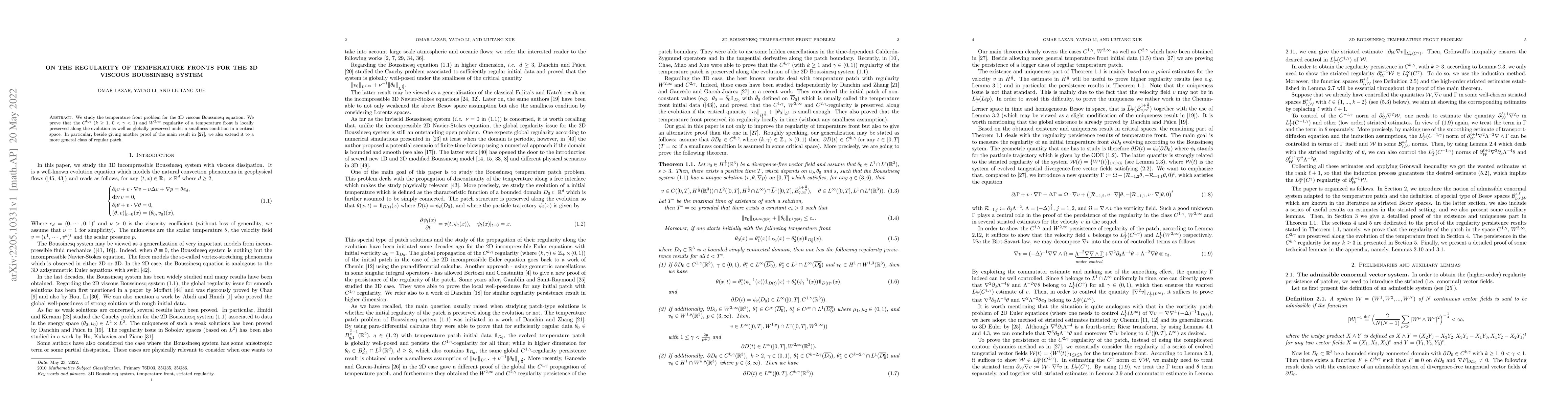 Thumbnail for On the regularity of temperature fronts for the 3D viscous Boussinesq
  system