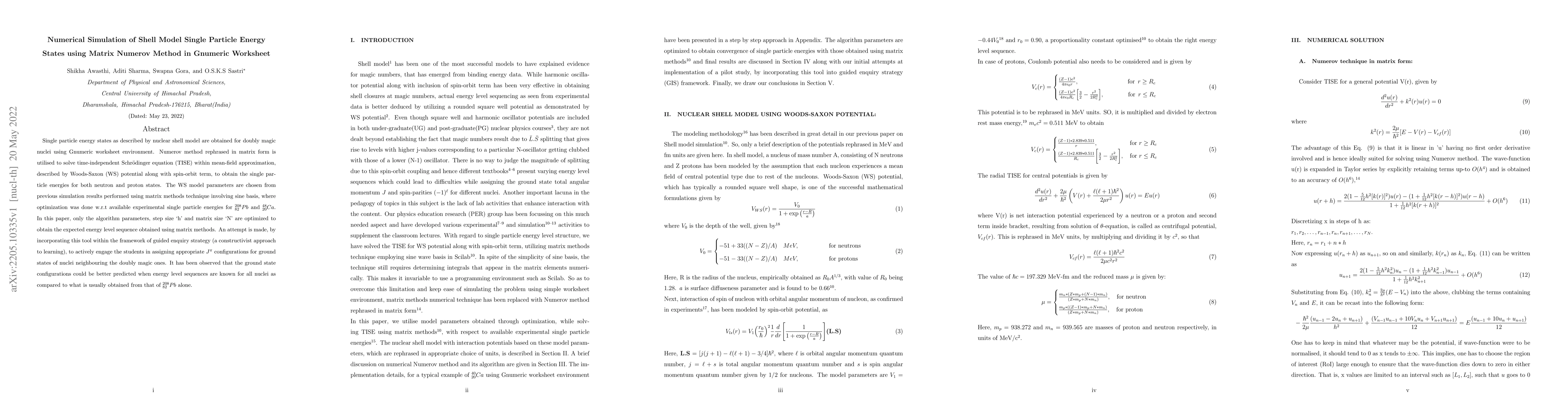 Thumbnail for Numerical Simulation of Shell Model Single Particle Energy States using
  Matrix Numerov Method in Gnumeric Worksheet