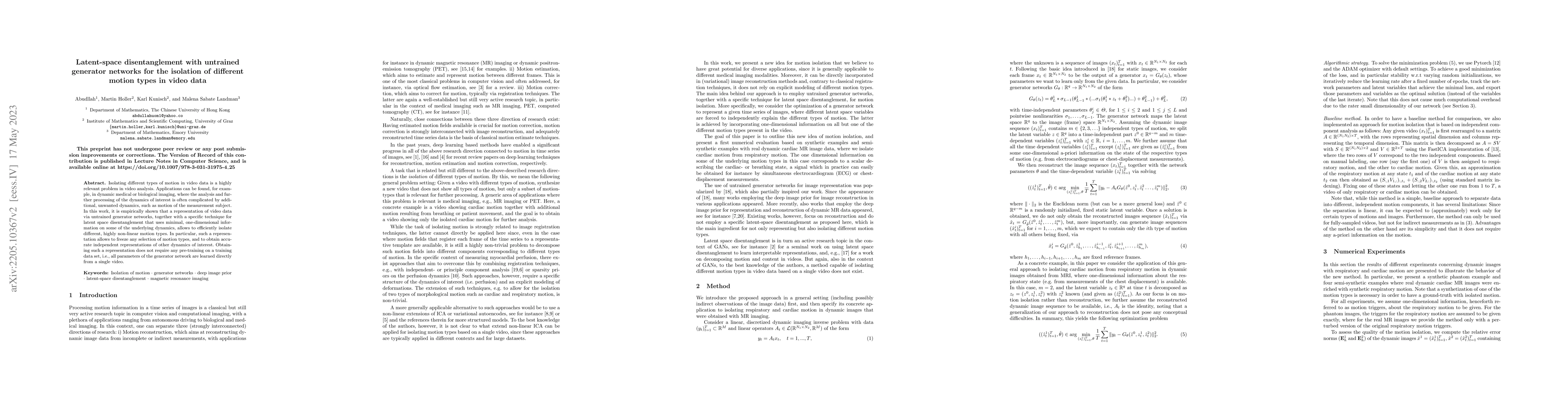 Thumbnail for Latent-space disentanglement with untrained generator networks for the
  isolation of different motion types in video data