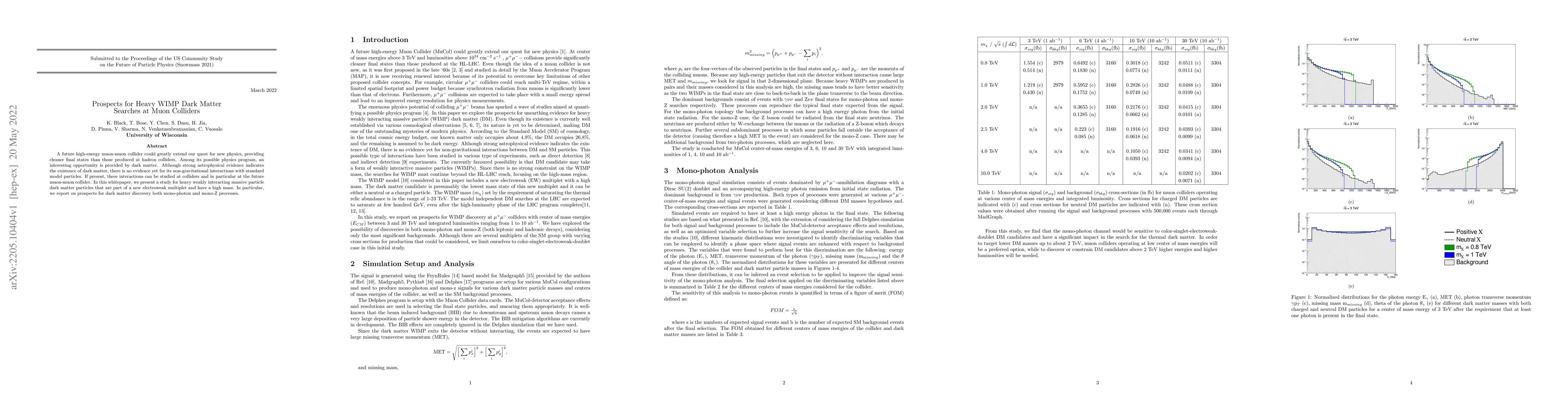 Thumbnail for Prospects for Heavy WIMP Dark Matter Searches at Muon Colliders