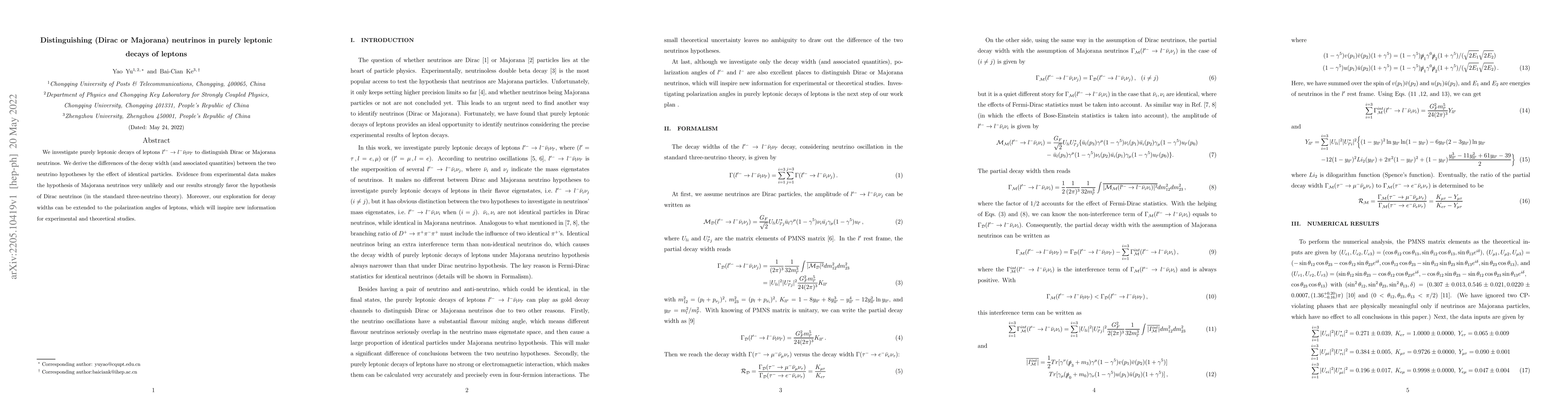 Thumbnail for Distinguishing (Dirac or Majorana) neutrinos in purely leptonic decays
  of leptons