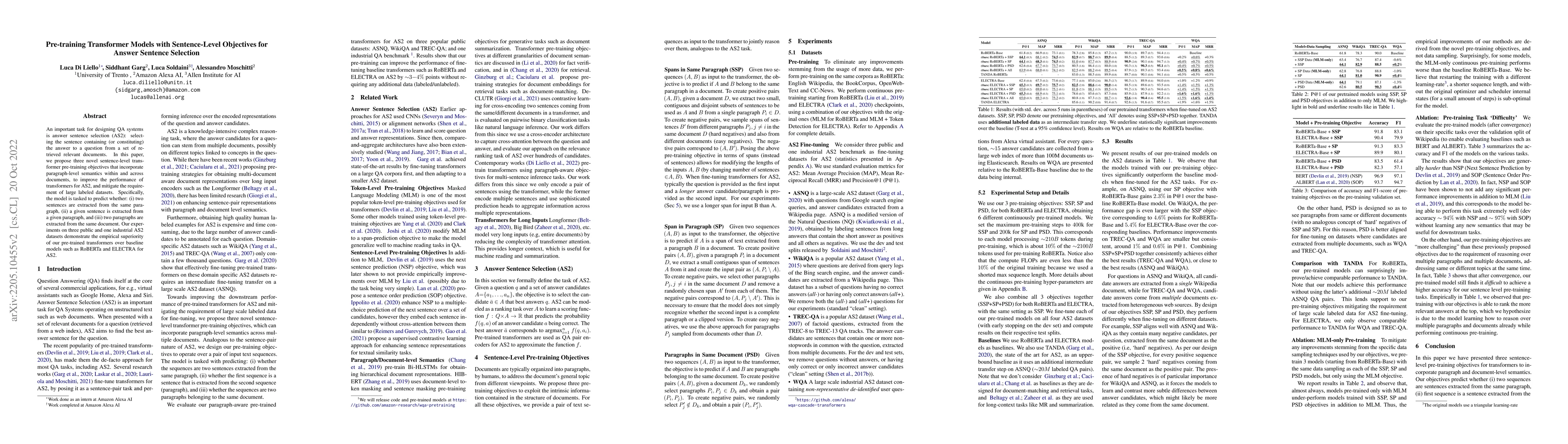 Thumbnail for Pre-training Transformer Models with Sentence-Level Objectives for
  Answer Sentence Selection