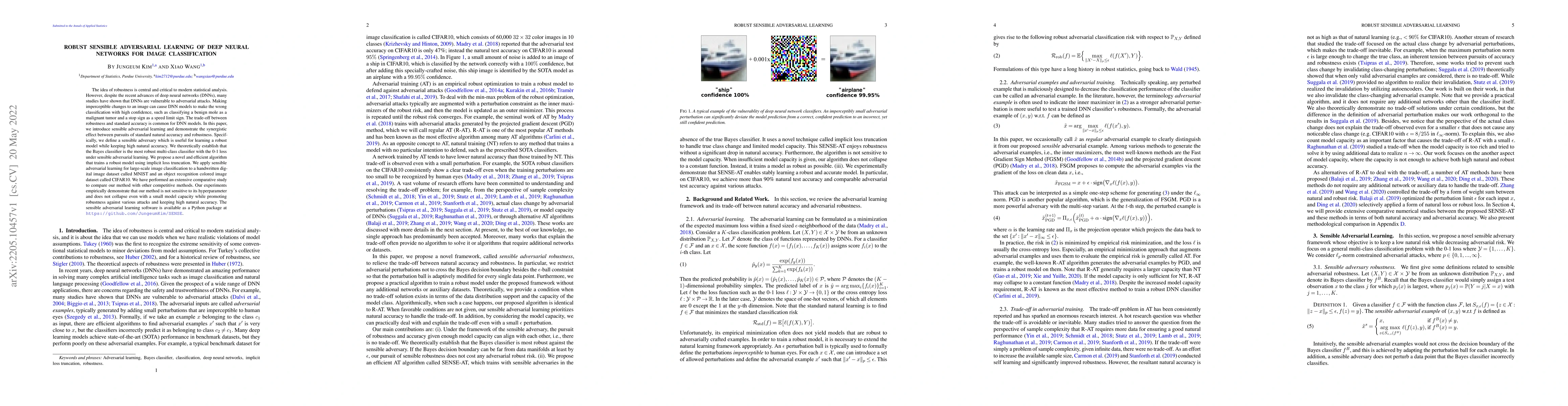 Thumbnail for Robust Sensible Adversarial Learning of Deep Neural Networks for Image
  Classification