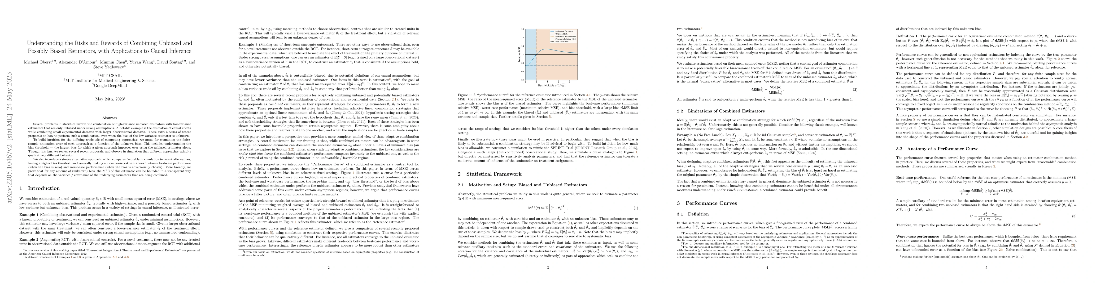 Thumbnail for Understanding the Risks and Rewards of Combining Unbiased and Possibly
  Biased Estimators, with Applications to Causal Inference