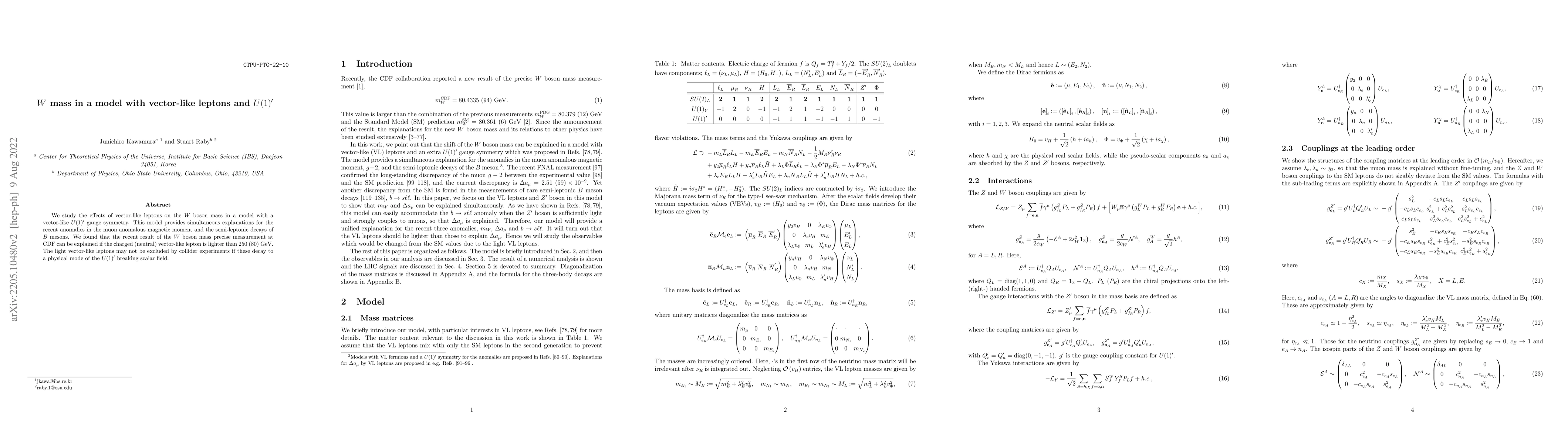 Thumbnail for $W$ mass in a model with vector-like leptons and $U(1)^\prime$