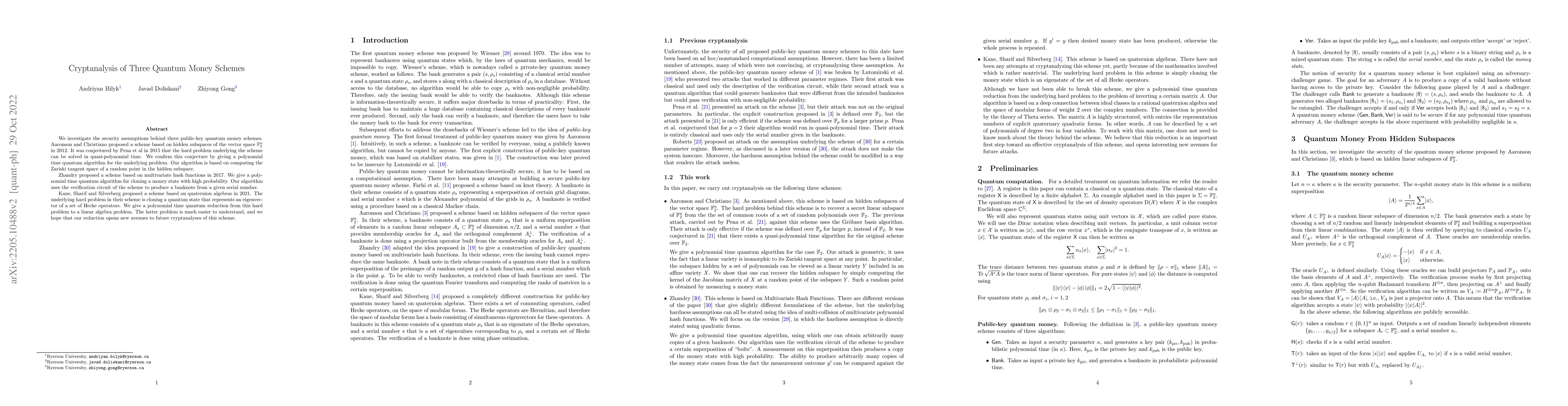 Thumbnail for Cryptanalysis of Three Quantum Money Schemes