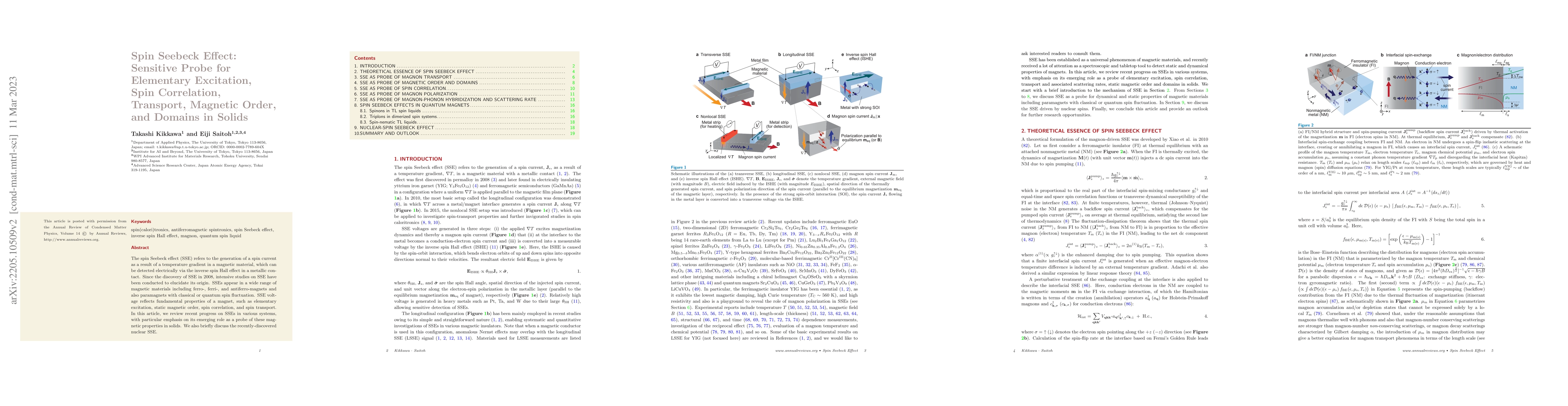Thumbnail for Spin Seebeck Effect: Sensitive Probe for Elementary Excitation, Spin
  Correlation, Transport, Magnetic Order, and Domains in Solids