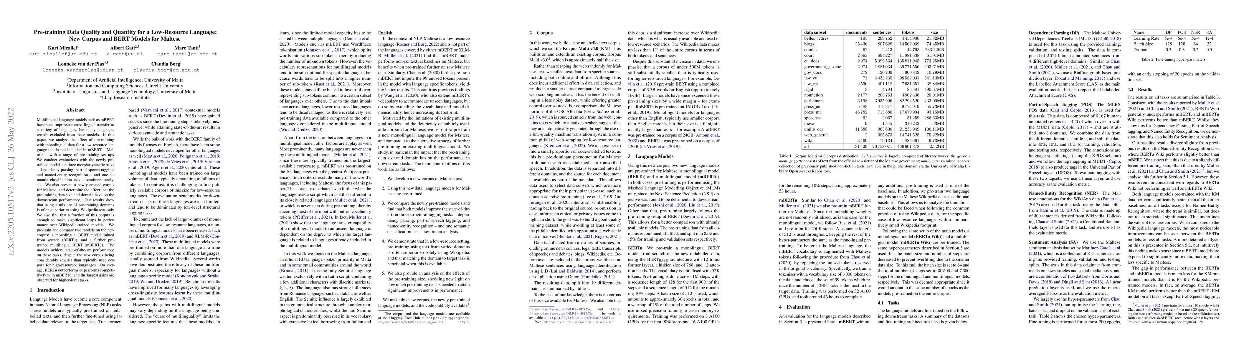 Thumbnail for Pre-training Data Quality and Quantity for a Low-Resource Language: New
  Corpus and BERT Models for Maltese