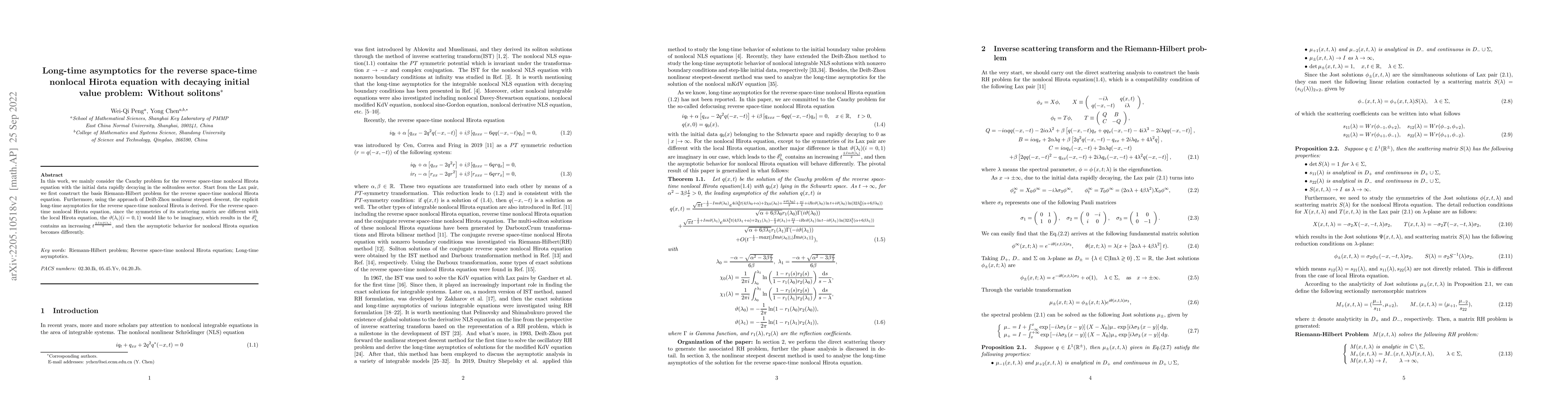 Thumbnail for Long-time asymptotics for the reverse space-time nonlocal Hirota
  equation with decaying initial value problem: Without solitons
