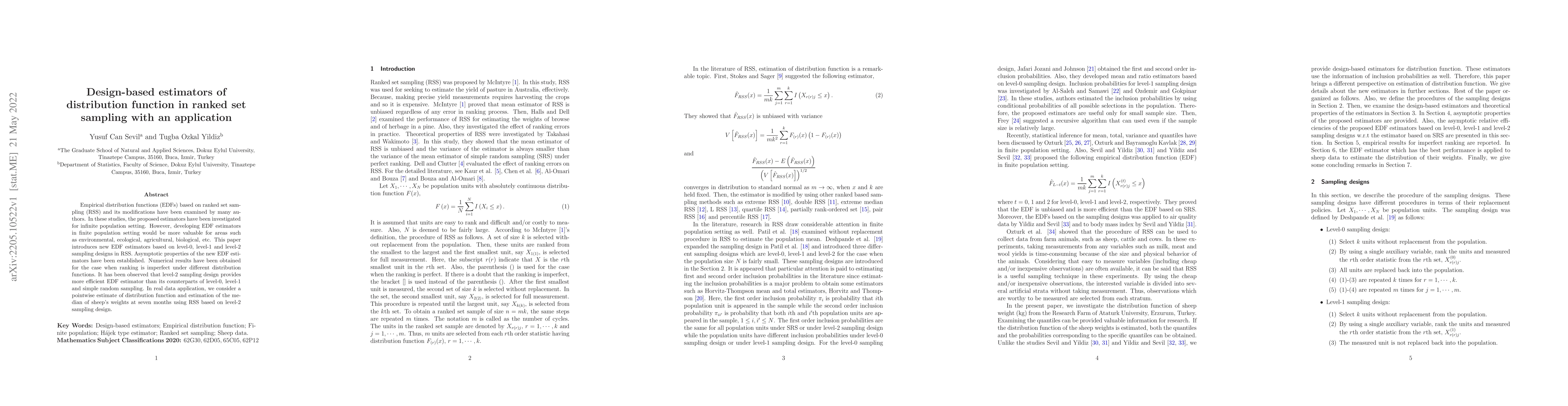 Thumbnail for Design-based estimators of distribution function in ranked set sampling
  with an application