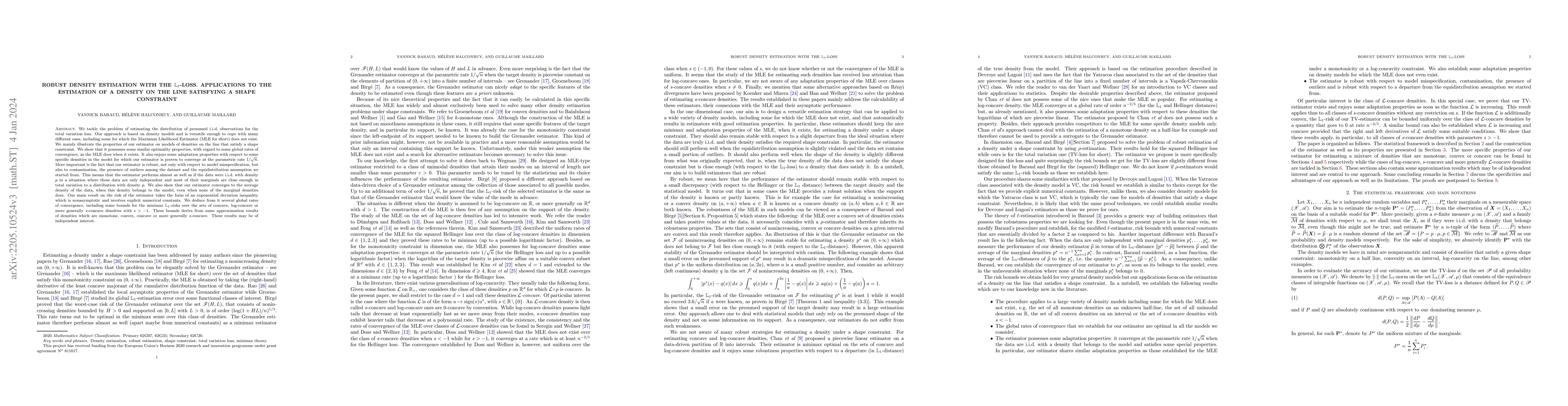 Thumbnail for Robust density estimation with the $\mathbb{L}_{1}$-loss. Applications
  to the estimation of a density on the line satisfying a shape constraint
