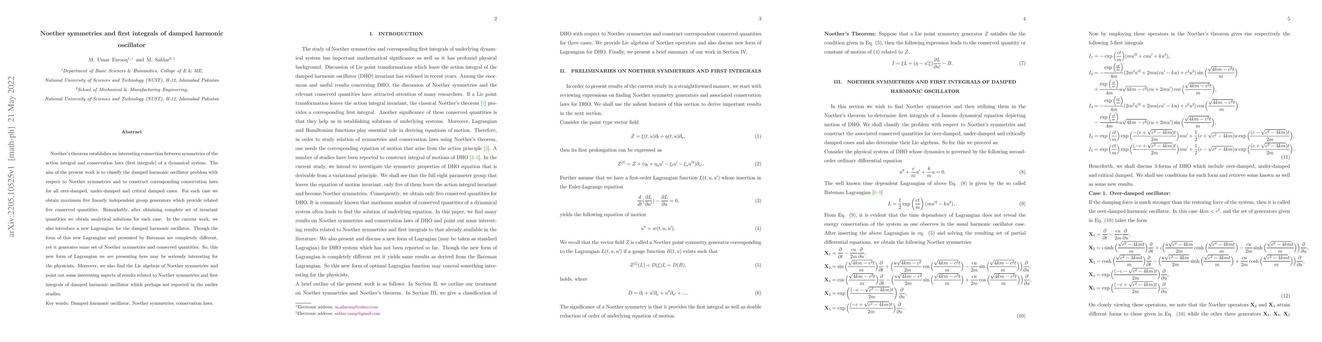 Thumbnail for Noether symmetries and first integrals of damped harmonic oscillator