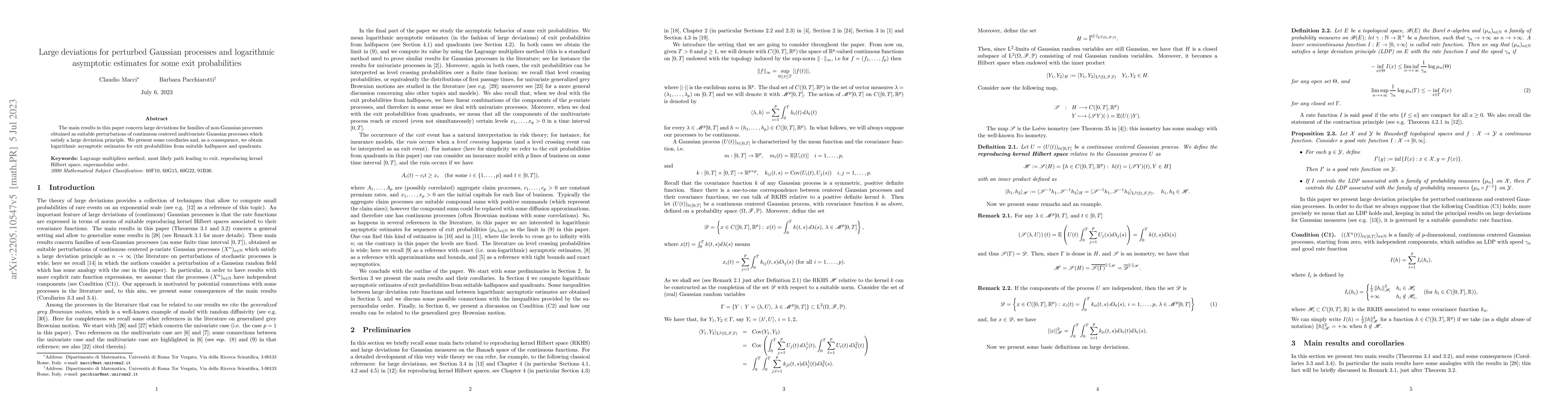 Thumbnail for Large deviations for perturbed Gaussian processes and logarithmic
  asymptotic estimates for some exit probabilities
