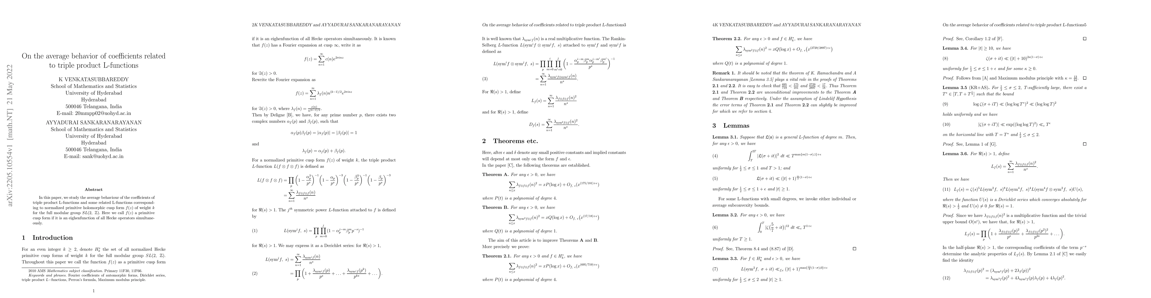 Thumbnail for On the average behavior of coefficients related to triple product
  L-functions