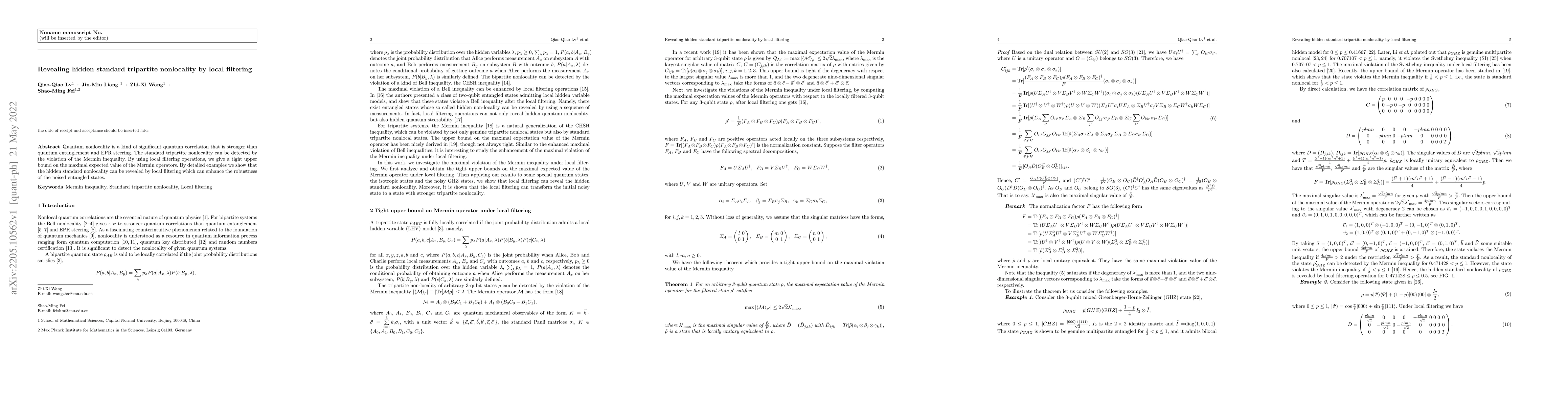 Thumbnail for Revealing hidden standard tripartite nonlocality by local filtering