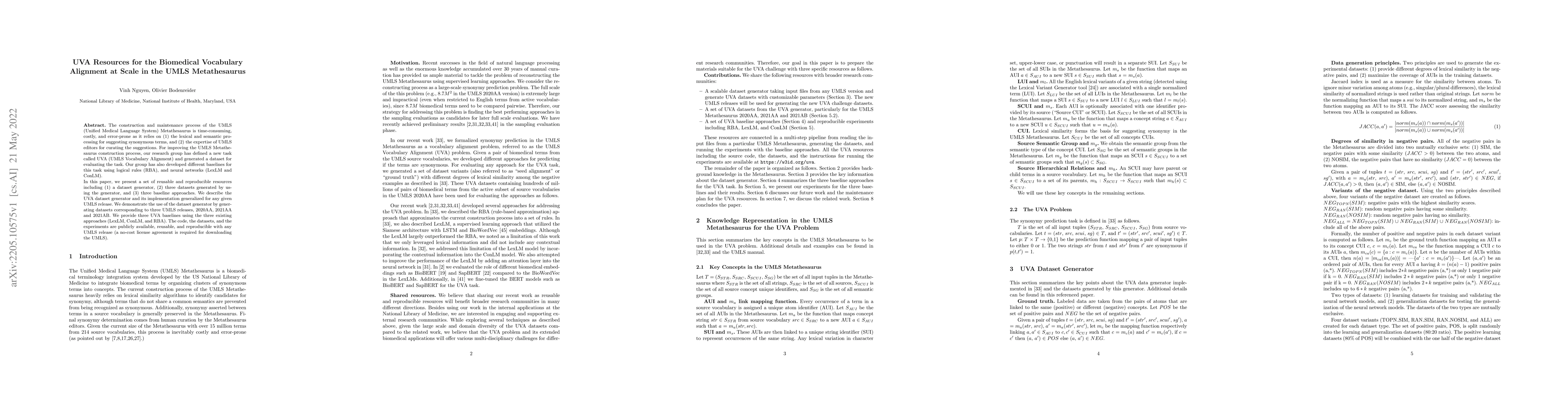 Thumbnail for UVA Resources for the Biomedical Vocabulary Alignment at Scale in the
  UMLS Metathesaurus