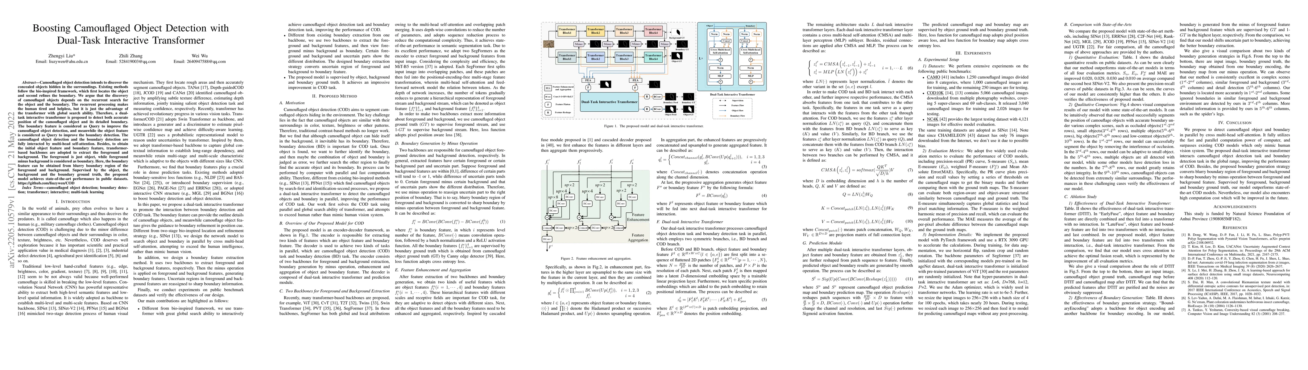 Thumbnail for Boosting Camouflaged Object Detection with Dual-Task Interactive
  Transformer