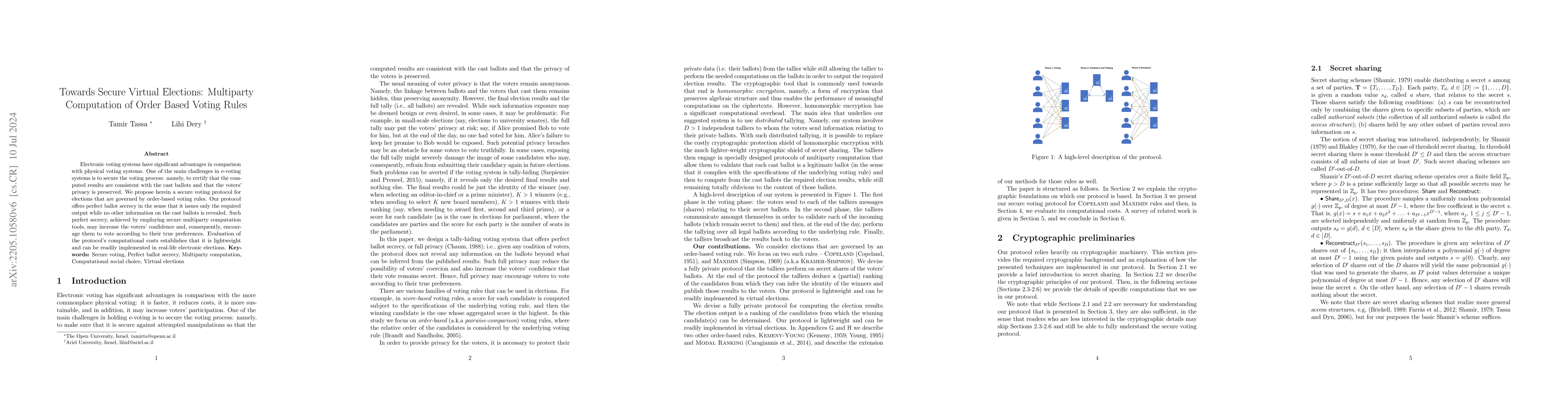 Thumbnail for Towards Secure Virtual Elections: Multiparty Computation of Order Based
  Voting Rules