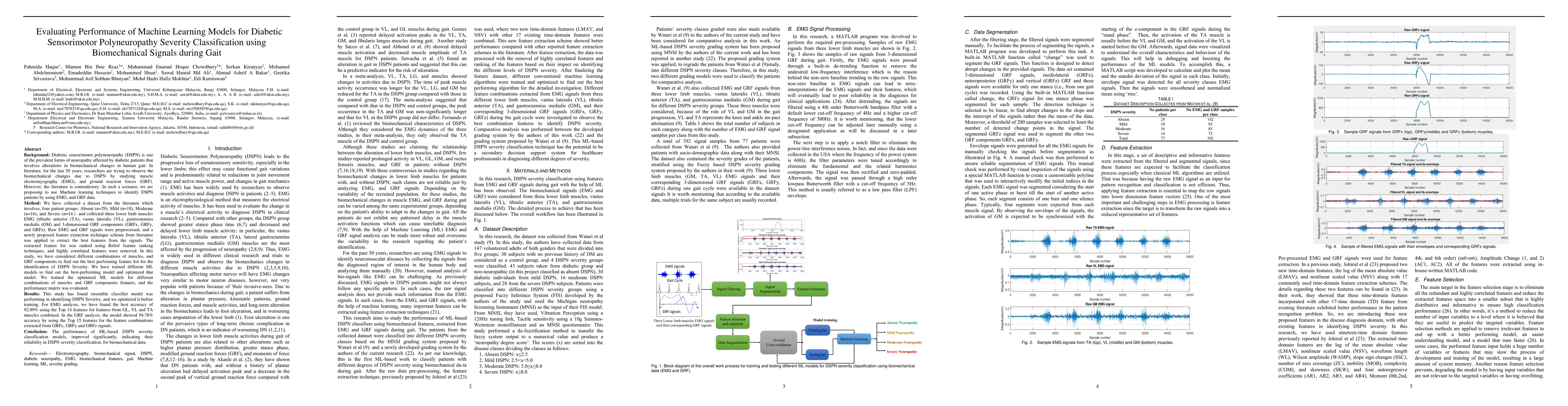 Thumbnail for Evaluating Performance of Machine Learning Models for Diabetic
  Sensorimotor Polyneuropathy Severity Classification using Biomechanical
  Signals during Gait