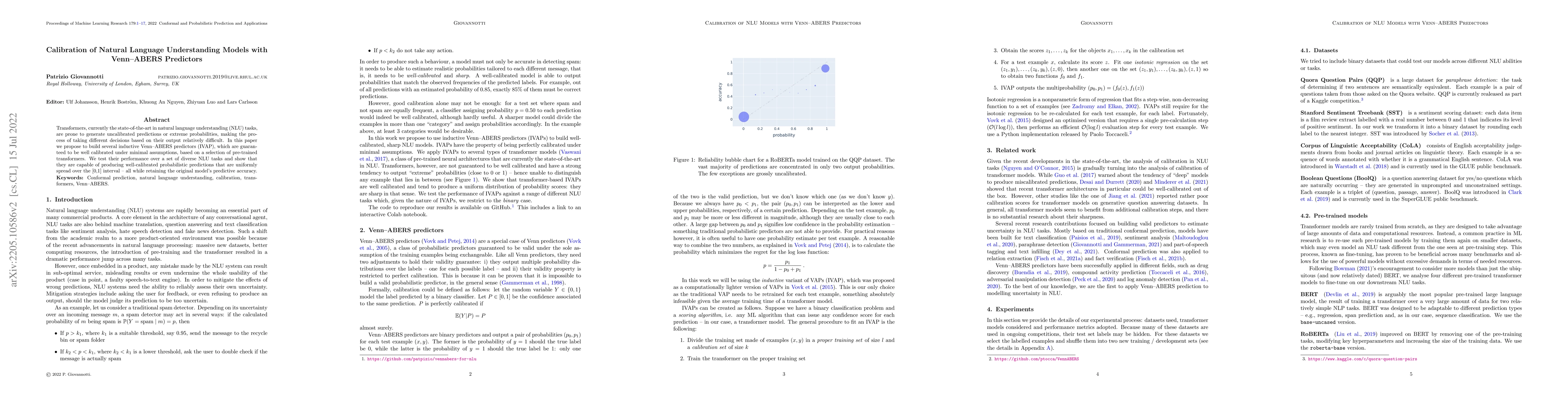 Thumbnail for Calibration of Natural Language Understanding Models with Venn--ABERS
  Predictors