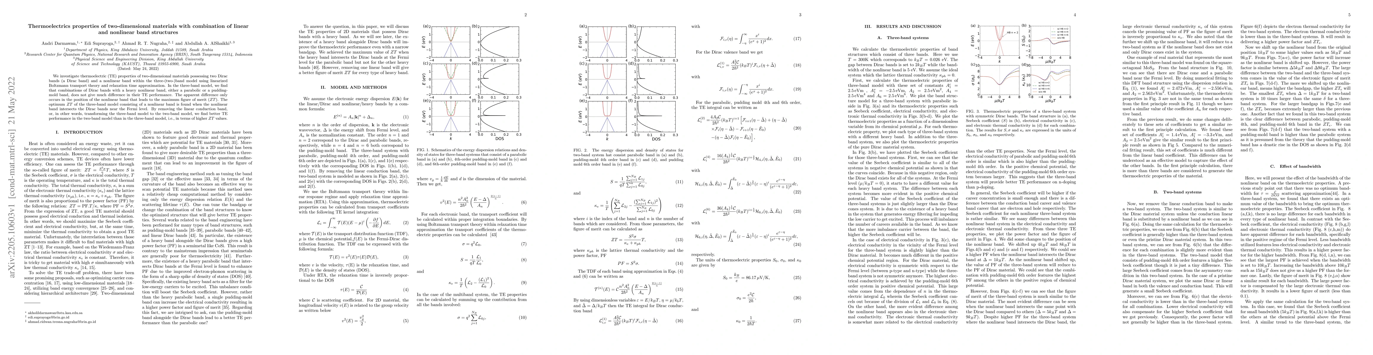Thumbnail for Thermoelectrics properties of two-dimensional materials with combination
  of linear and nonlinear band structures