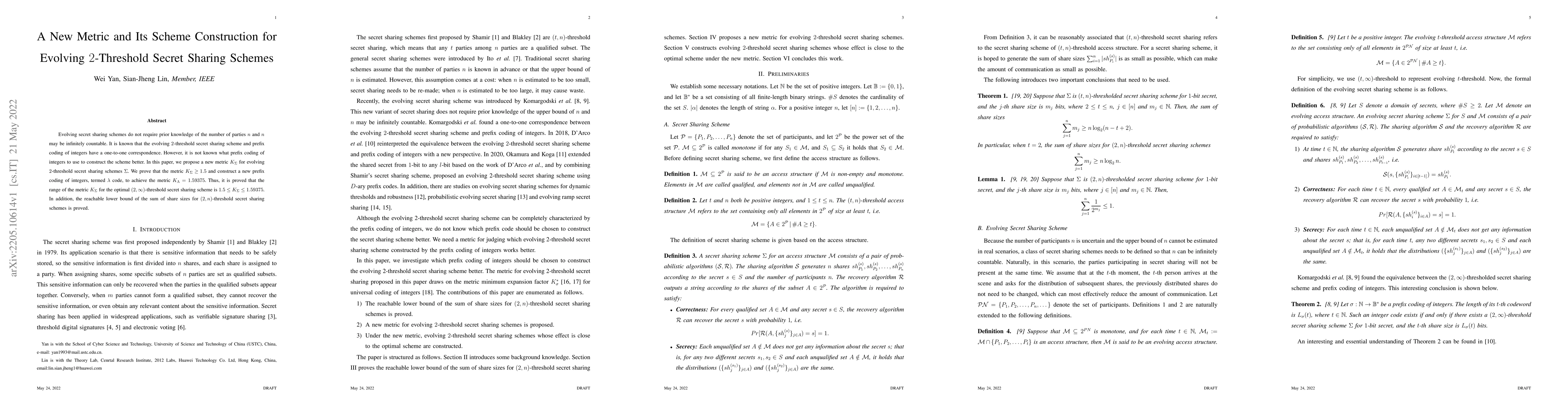 Thumbnail for A New Metric and Its Scheme Construction for Evolving $2$-Threshold
  Secret Sharing Schemes