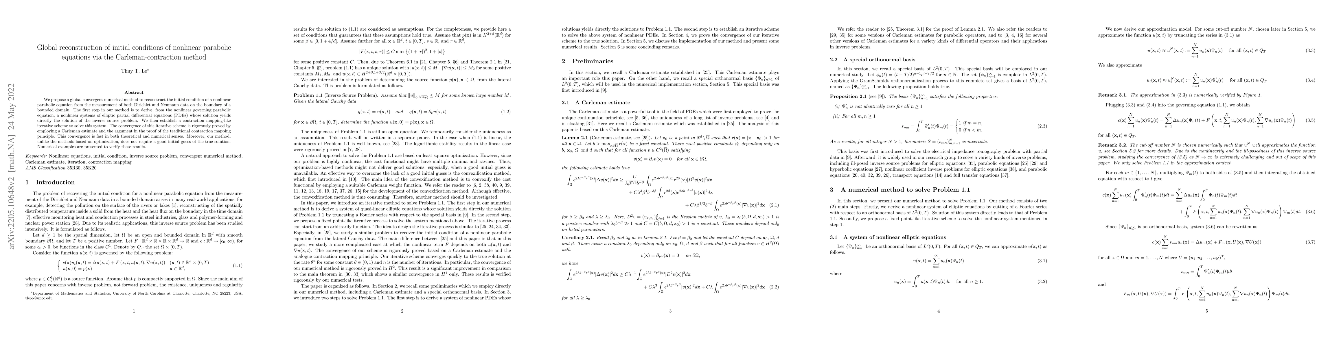 Thumbnail for Global reconstruction of initial conditions of nonlinear parabolic
  equations via the Carleman-contraction method
