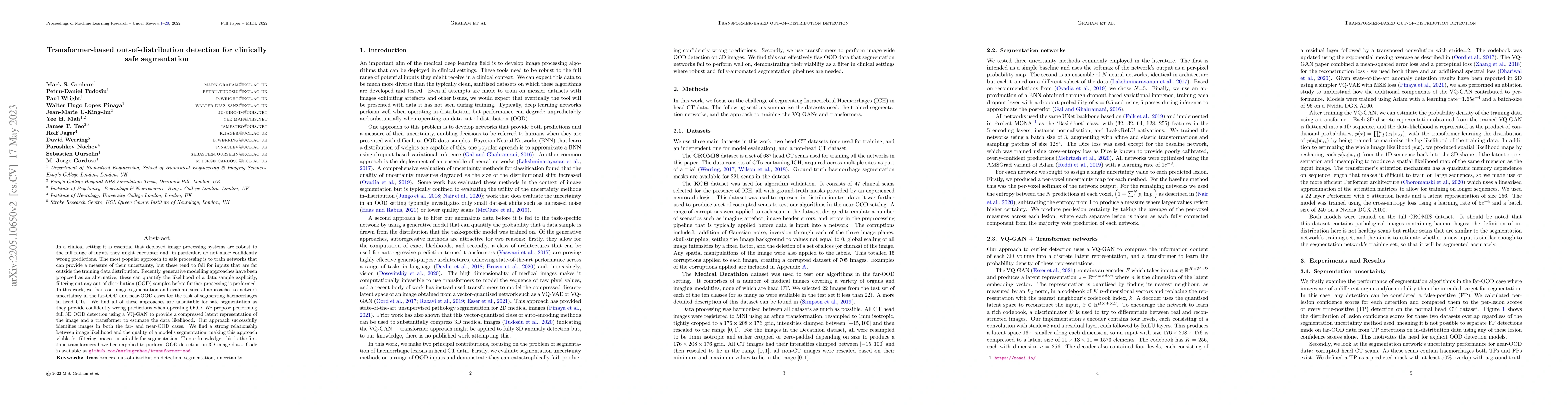 Thumbnail for Transformer-based out-of-distribution detection for clinically safe
  segmentation