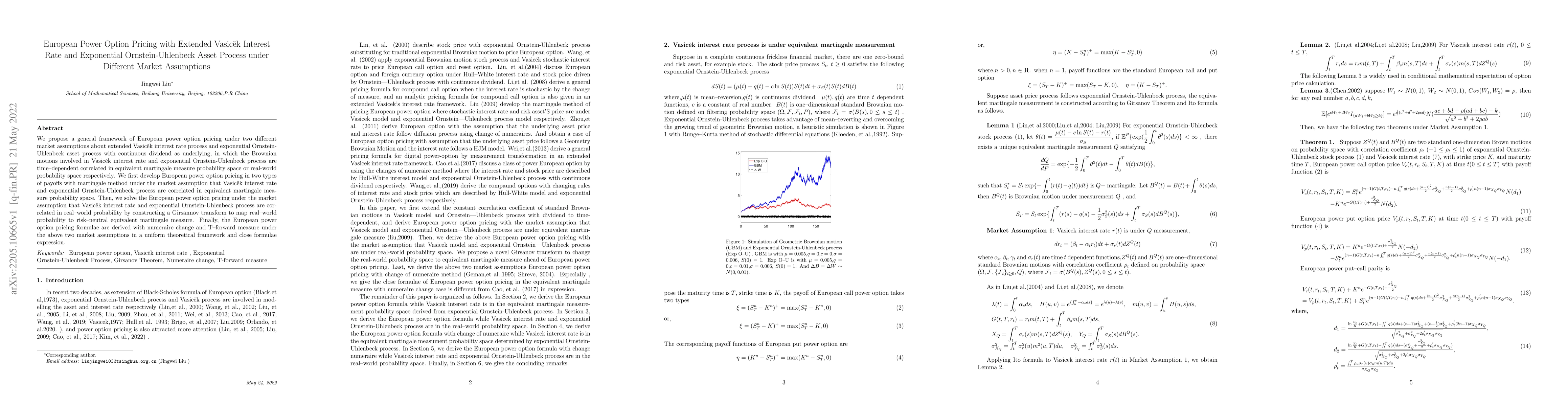 Thumbnail for European Power Option Pricing with Extended Vasic\v{e}k Interest Rate
  and Exponential Ornstein-Uhlenbeck Asset Process under Different Market
  Assumptions