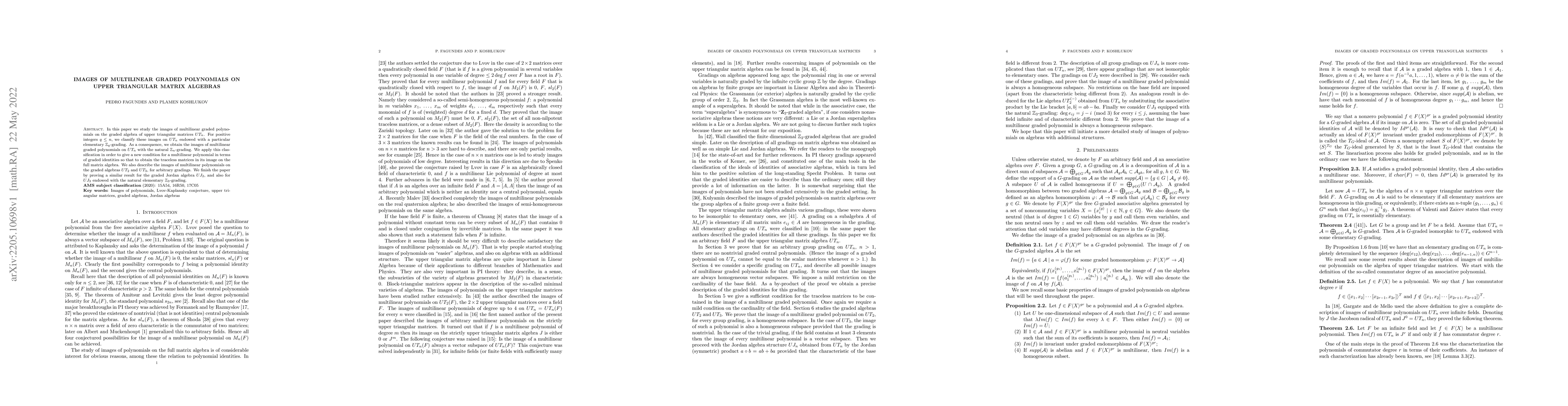 Thumbnail for Images of multilinear graded polynomials on upper triangular matrix
  algebras