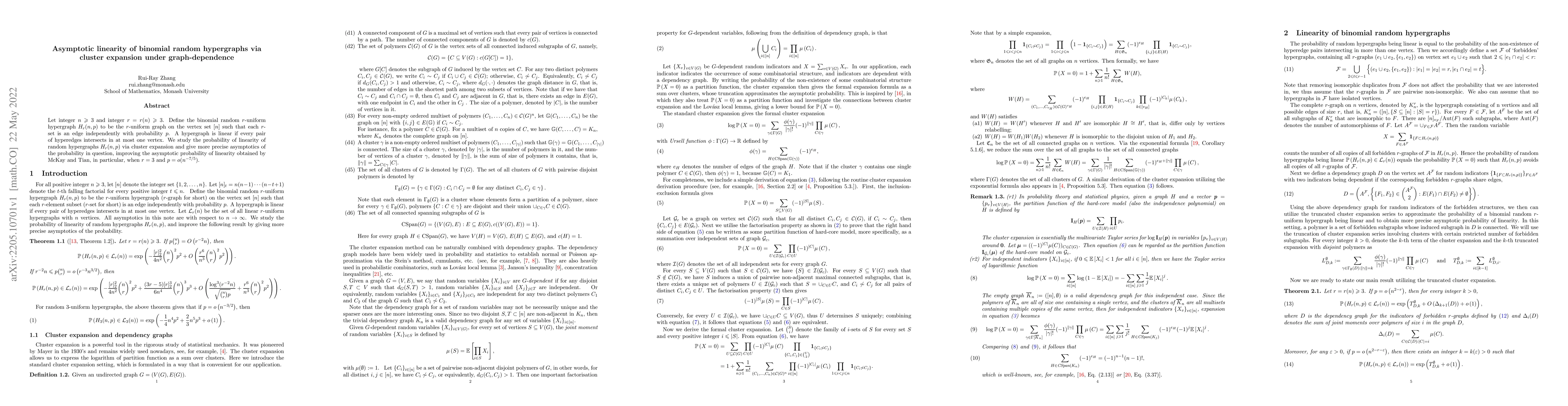 Thumbnail for Asymptotic linearity of binomial random hypergraphs via cluster
  expansion under graph-dependence