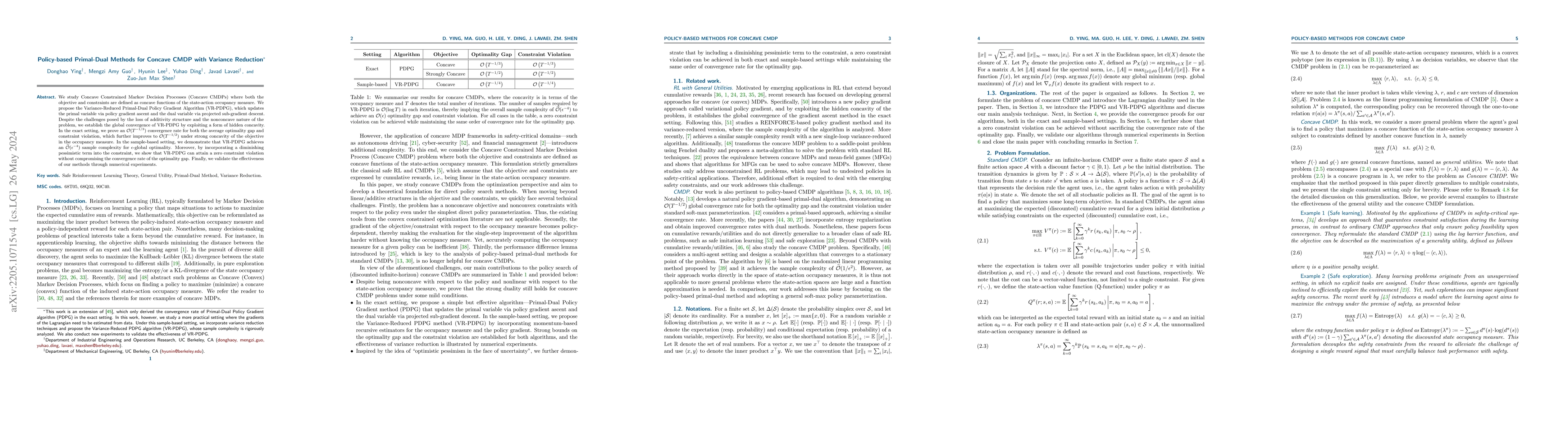Thumbnail for Policy-based Primal-Dual Methods for Concave CMDP with Variance
  Reduction