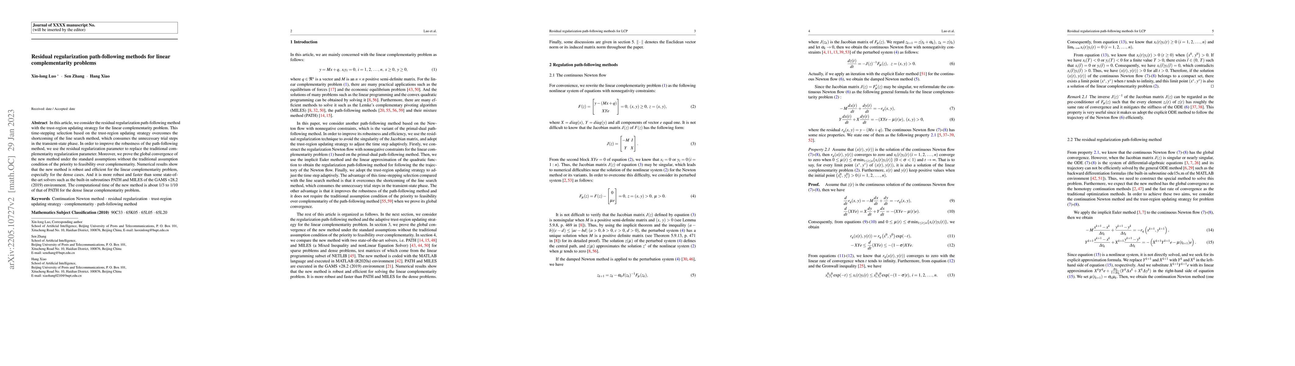 Thumbnail for Residual regularization path-following methods for linear
  complementarity problems