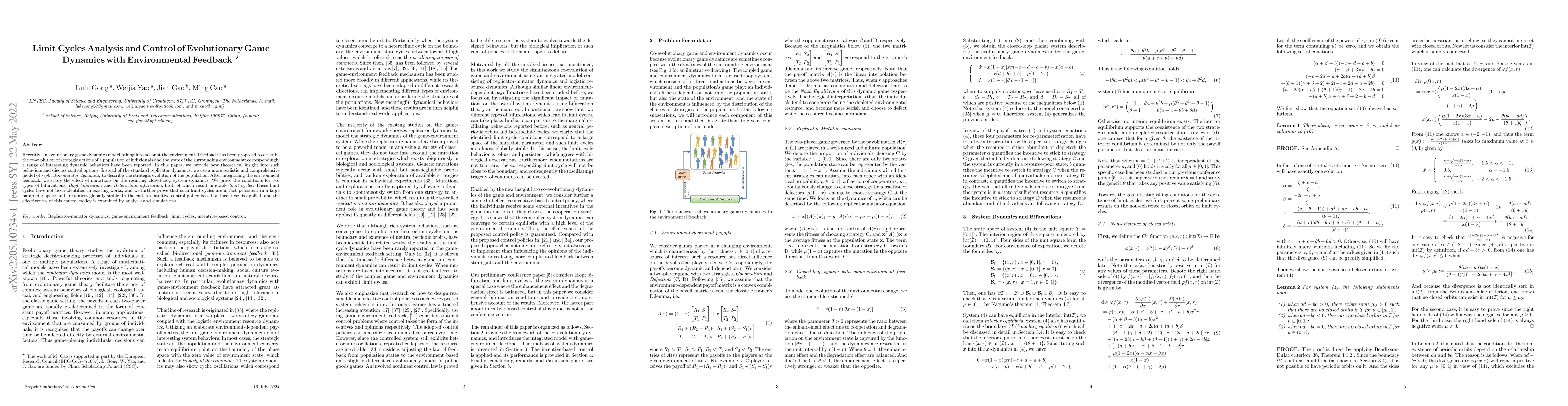 Thumbnail for Limit Cycles Analysis and Control of Evolutionary Game Dynamics with
  Environmental Feedback