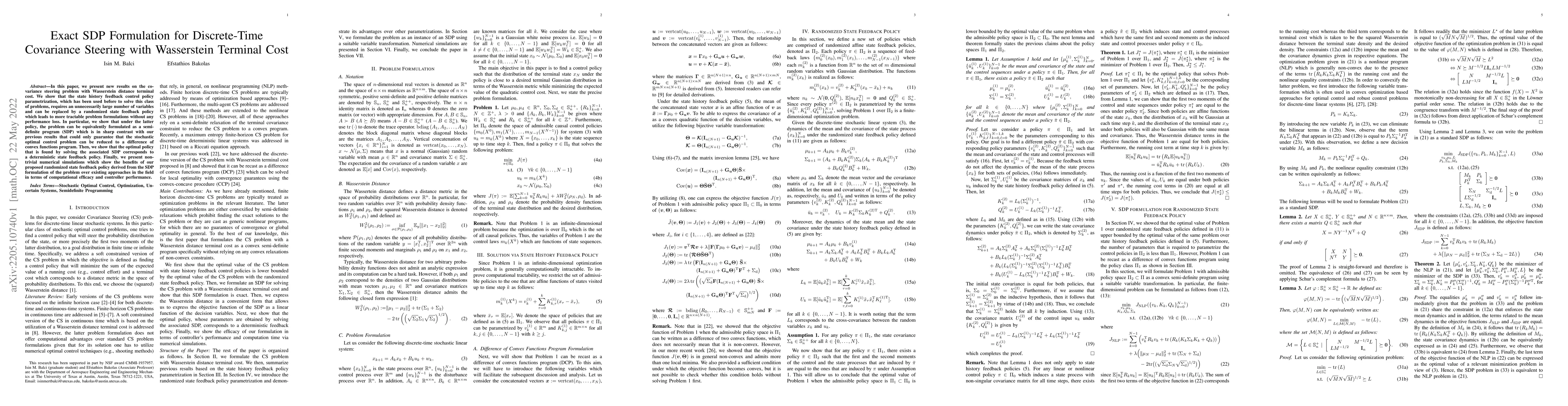 Thumbnail for Exact SDP Formulation for Discrete-Time Covariance Steering with
  Wasserstein Terminal Cost