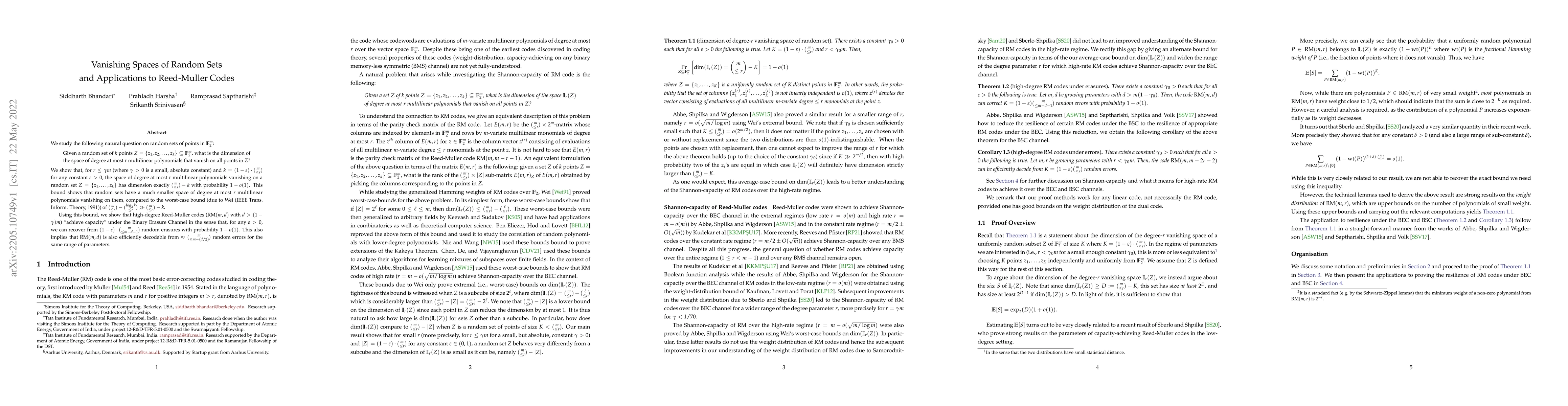 Thumbnail for Vanishing Spaces of Random Sets and Applications to Reed-Muller Codes
