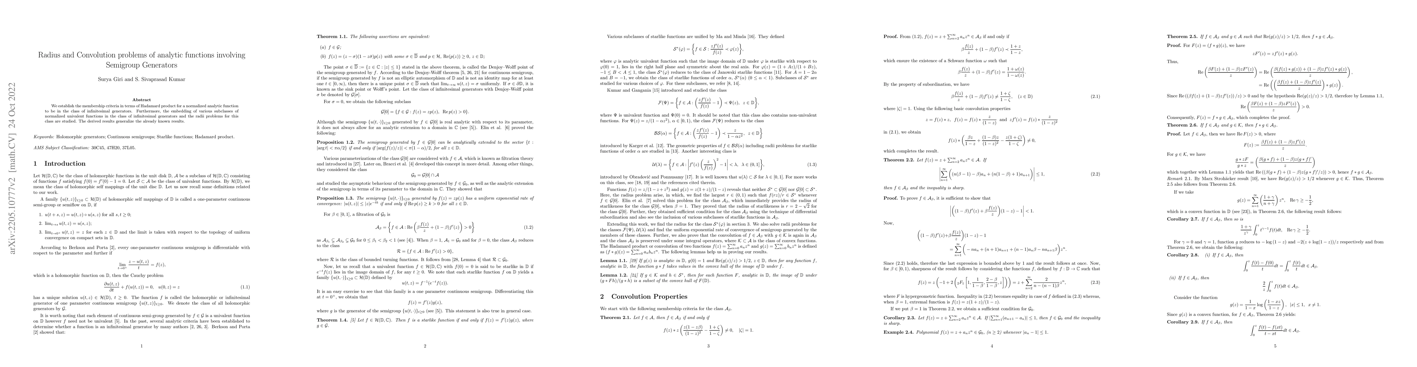 Thumbnail for Radius and Convolution problems of analytic functions involving
  Semigroup Generators