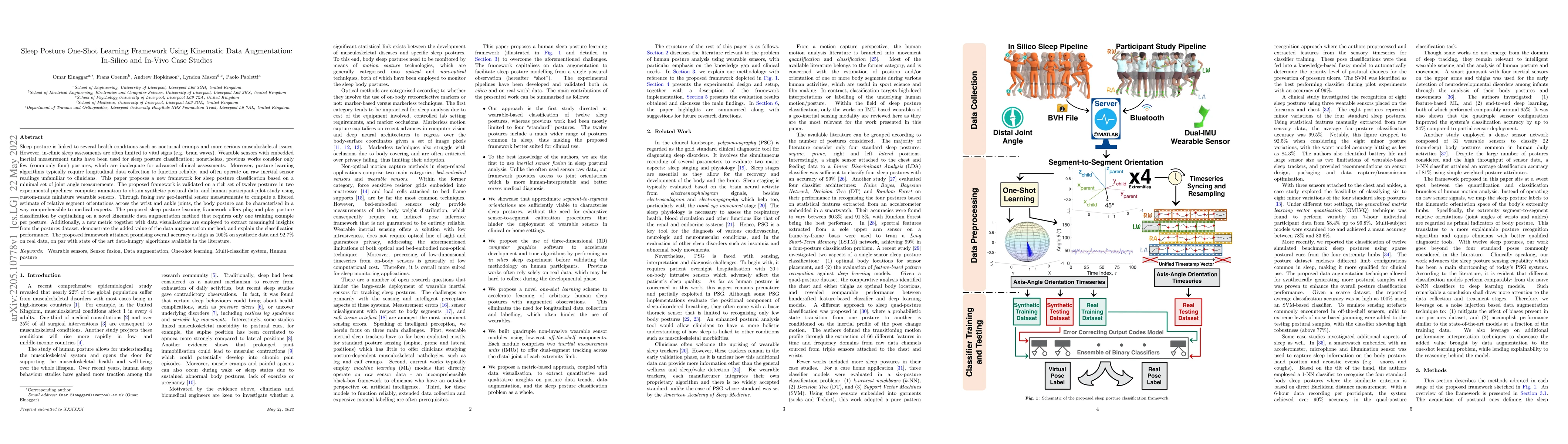 Thumbnail for Sleep Posture One-Shot Learning Framework Using Kinematic Data
  Augmentation: In-Silico and In-Vivo Case Studies