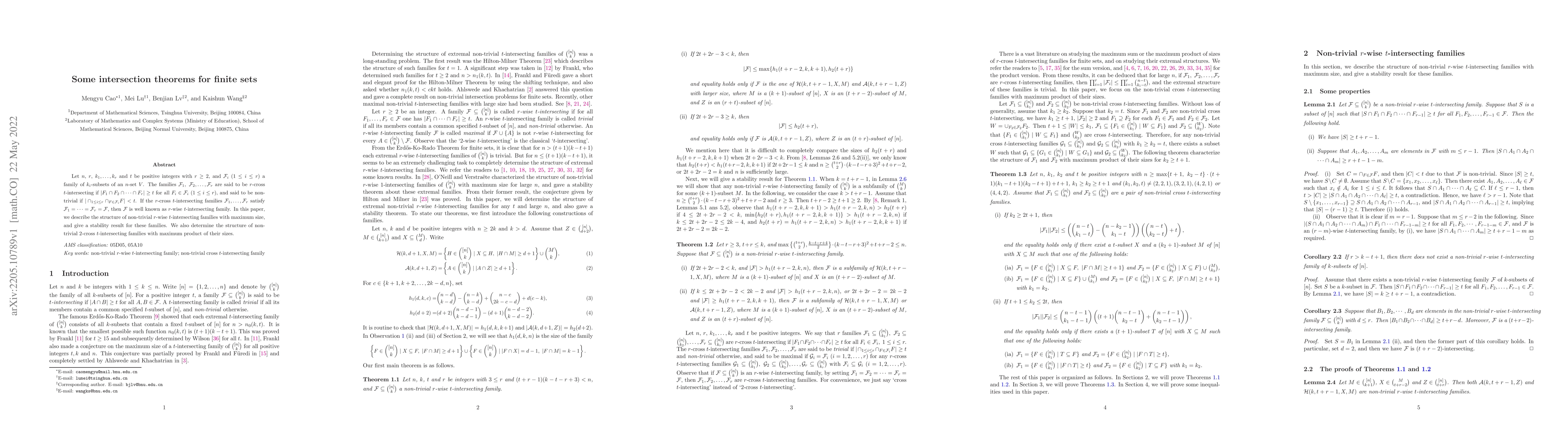 Thumbnail for Some intersection theorems for finite sets