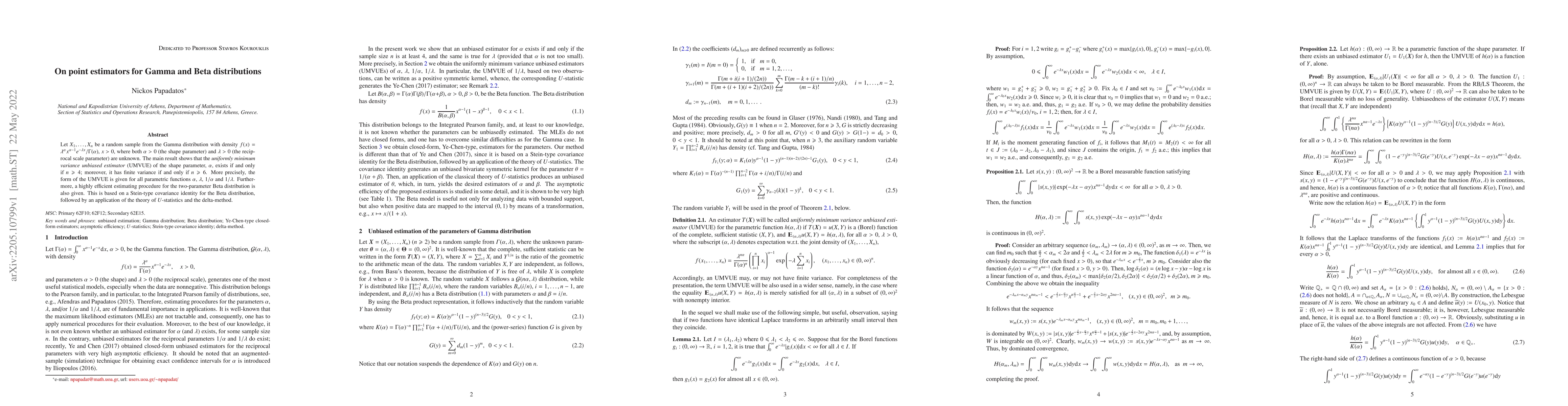 Thumbnail for On point estimators for Gamma and Beta distributions