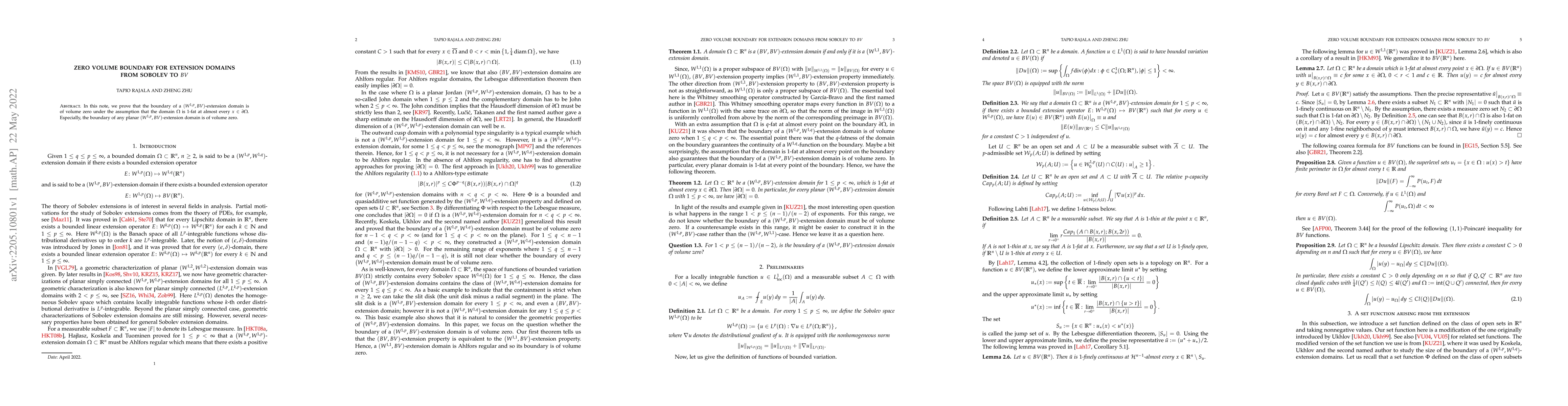 Thumbnail for Zero volume boundary for extension domains from Sobolev to $BV$
