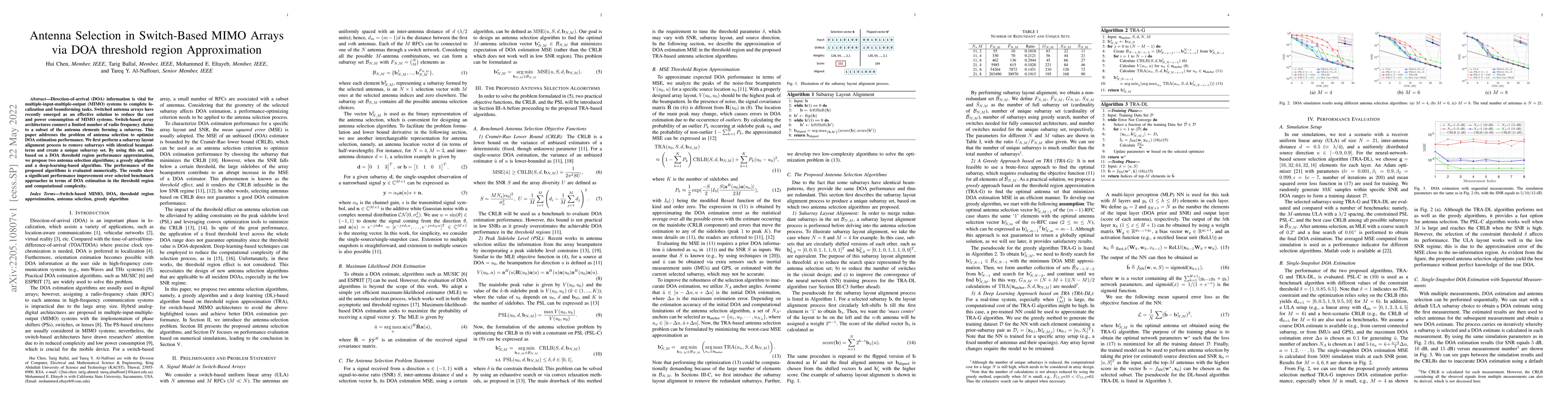 Thumbnail for Antenna Selection in Switch-Based MIMO Arrays via DOA threshold region
  Approximation