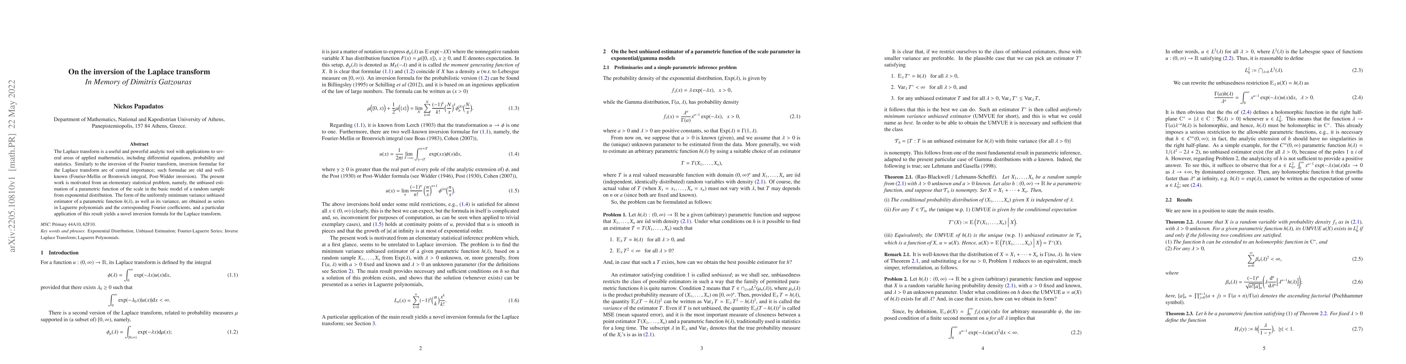 Thumbnail for On the inversion of the Laplace transform (In Memory of Dimitris
  Gatzouras)