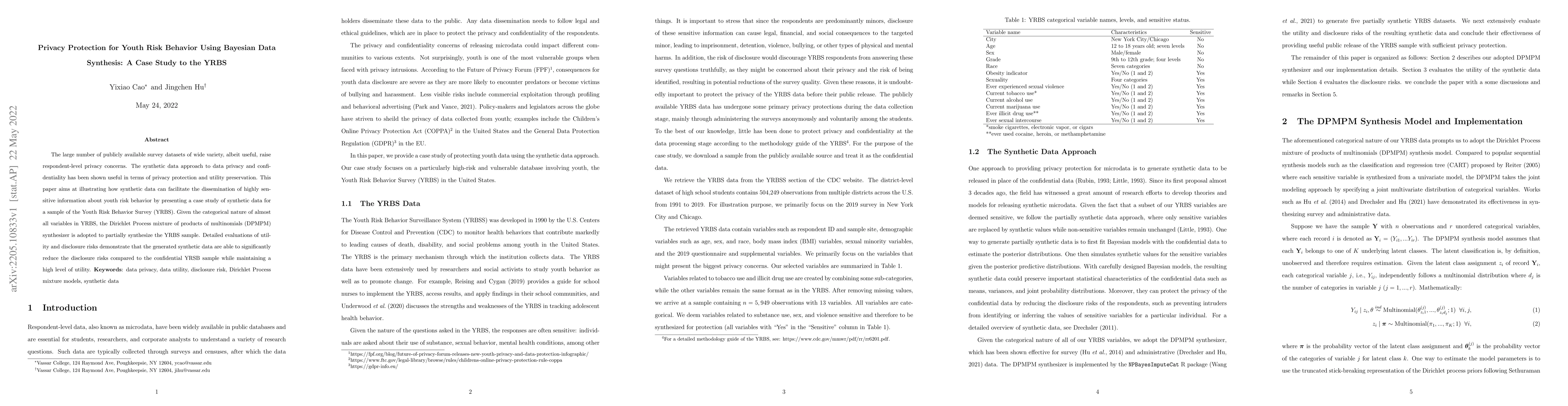 Thumbnail for Privacy Protection for Youth Risk Behavior Using Bayesian Data
  Synthesis: A Case Study to the YRBS