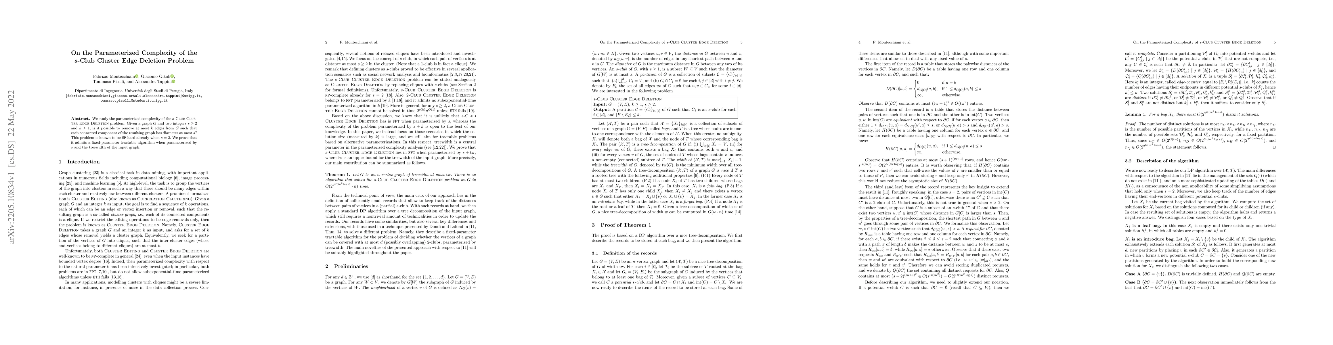 Thumbnail for On the Parameterized Complexity of the $s$-Club Cluster Edge Deletion
  Problem