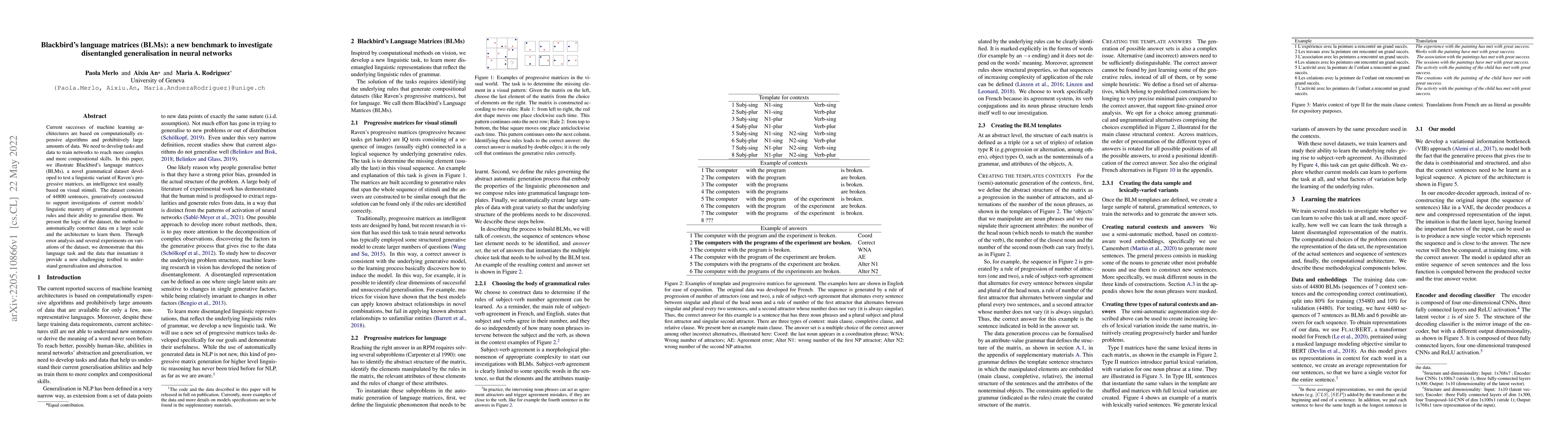 Thumbnail for Blackbird's language matrices (BLMs): a new benchmark to investigate
  disentangled generalisation in neural networks